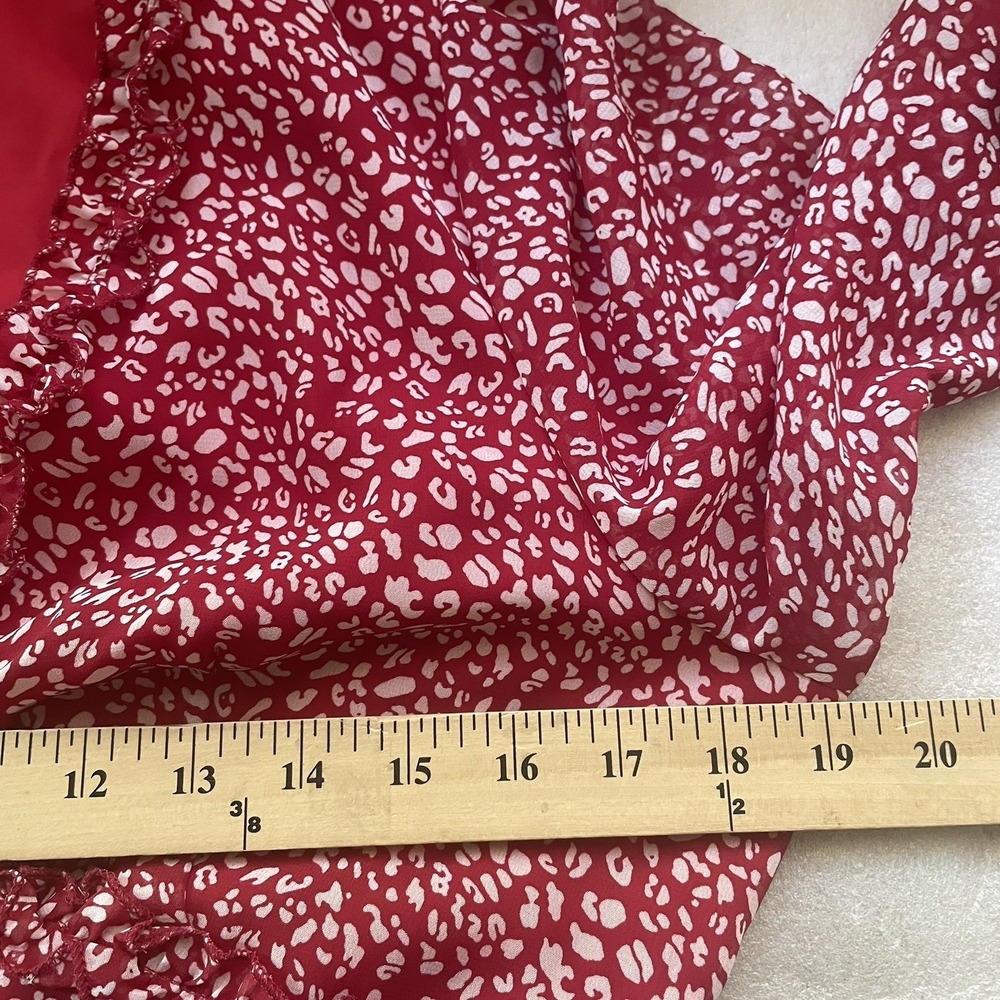 Red White Geometric Boho Dress Women XL Ruffles V Neck Chiffon Overlay Fairycore - Picture 6 of 11